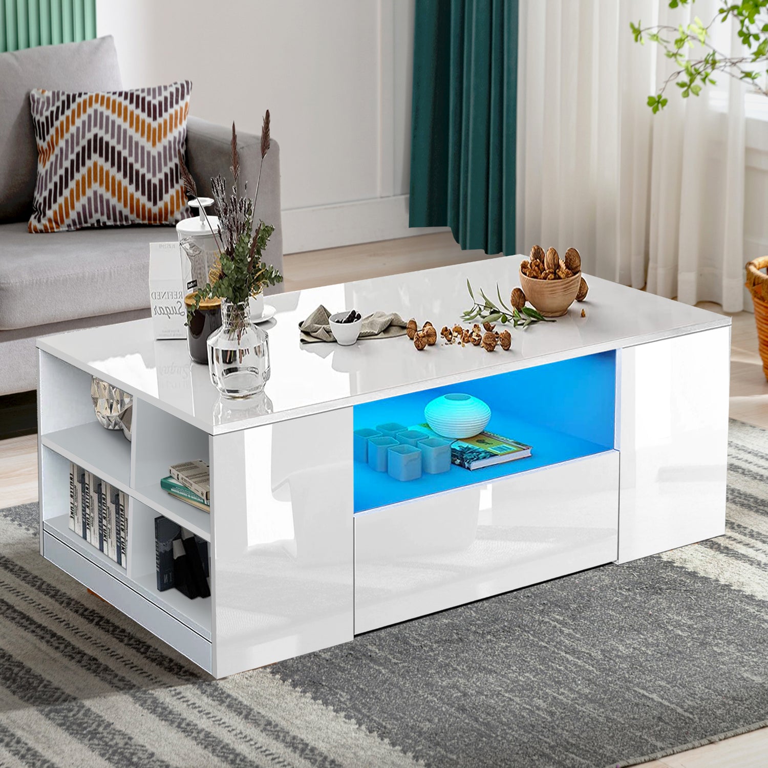 White coffee table with blue LED lighting in a living room setting