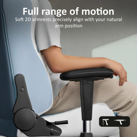 Person sitting on a ergonomic chair with text highlighting full range of motion and soft armrests.