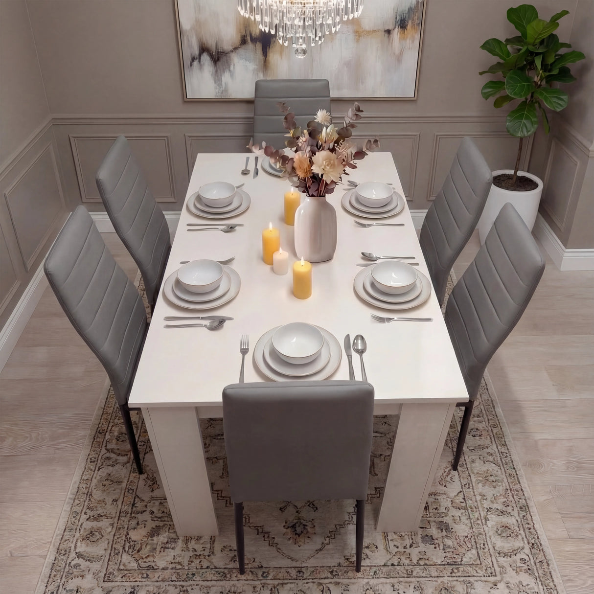 Spacious white dining table and 6 grey PU leather chairs set in a neutral-toned room, ideal for stylish kitchen or dining areas.