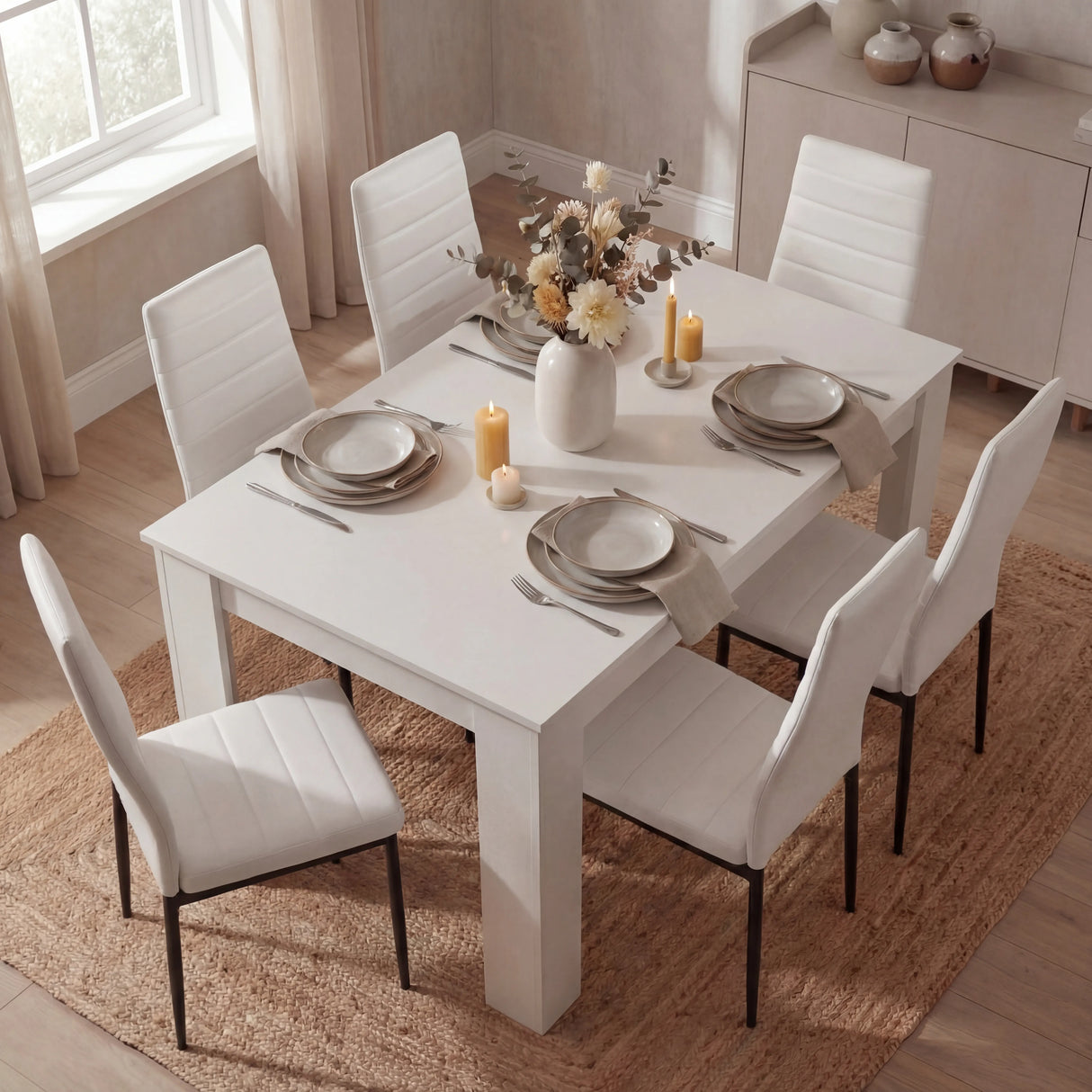 Top view of modern 4-6 seater white dining table and chairs set with neutral decor. Perfect for contemporary kitchen and dining furniture setups.