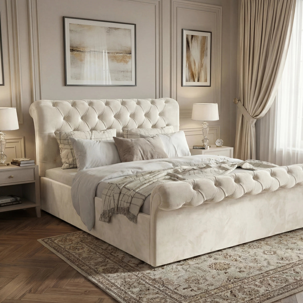 Chesterfield Ottoman Storage Bed in beige with side lift mechanism, tufted headboard and footboard, shown in a classic bedroom setting. Ideal for elegant storage solutions in luxury interiors.