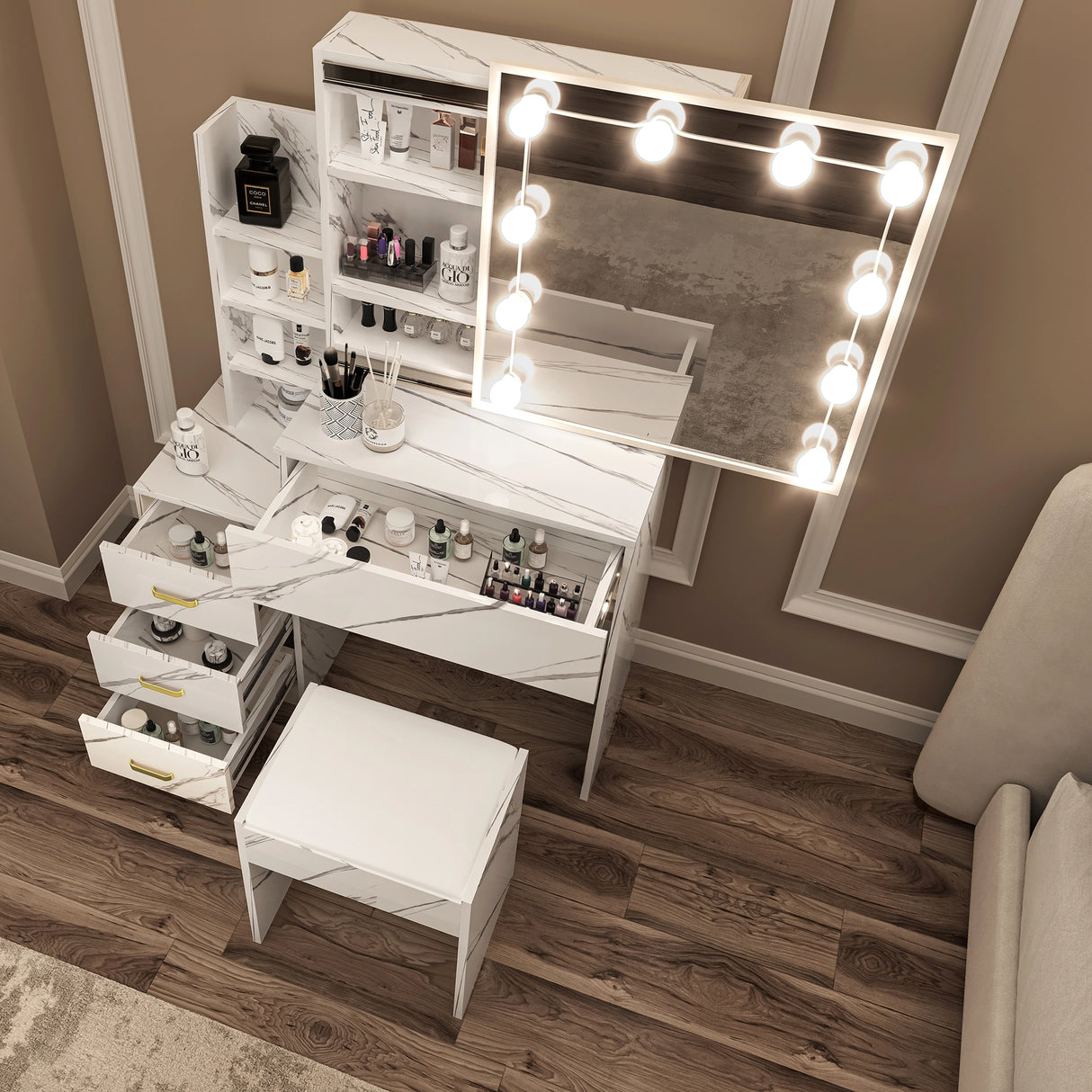 Dressing table with mirror and lights in a room setting
