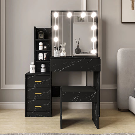 Black marble-patterned vanity table with mirror and lights in a room setting.