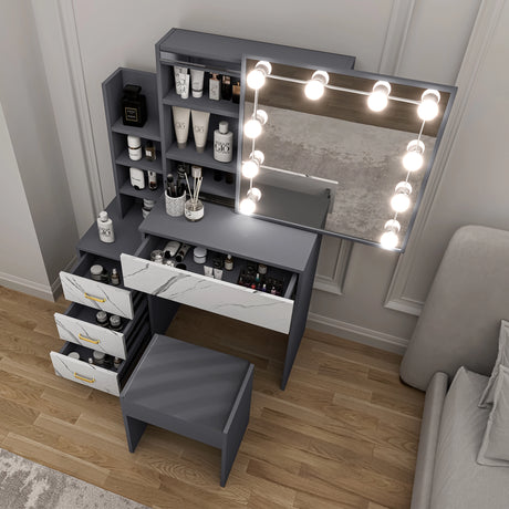 Makeup vanity with mirror and lights in a bedroom setting