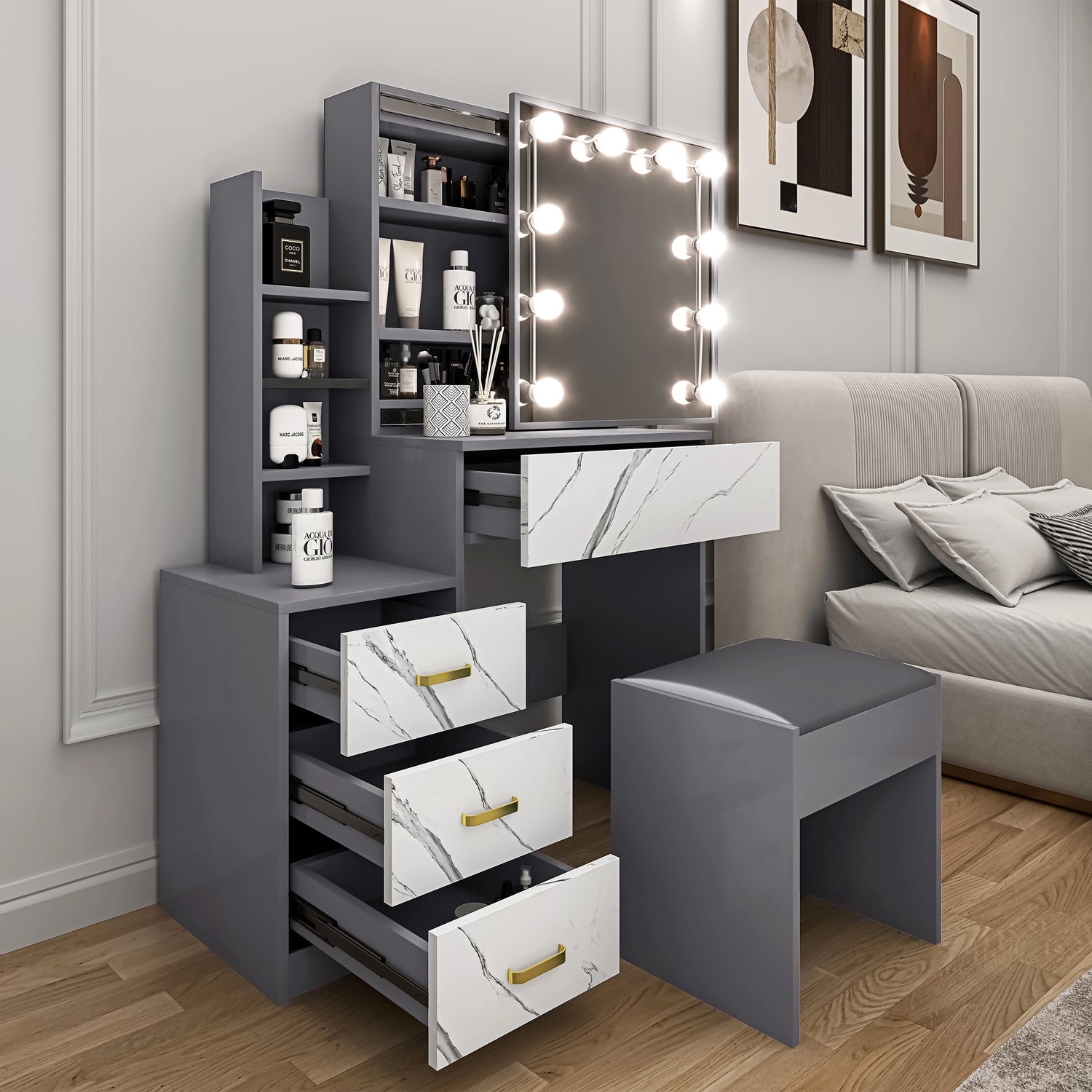 Gray vanity with mirror and lights in a bedroom setting