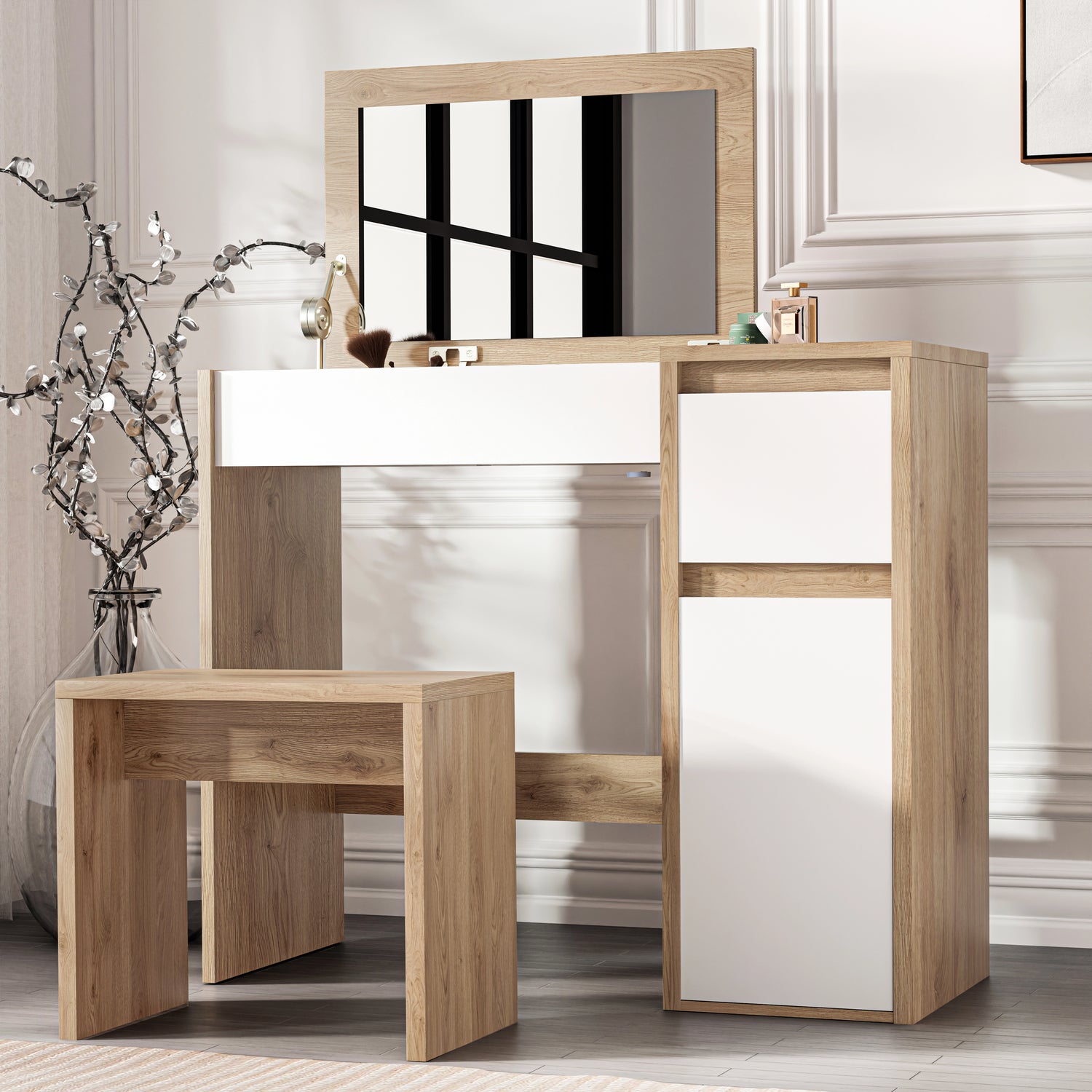 Modern makeup dressing table with stool, flip-up mirror, and storage sections in oak and white finish, ideal for bedroom vanities.