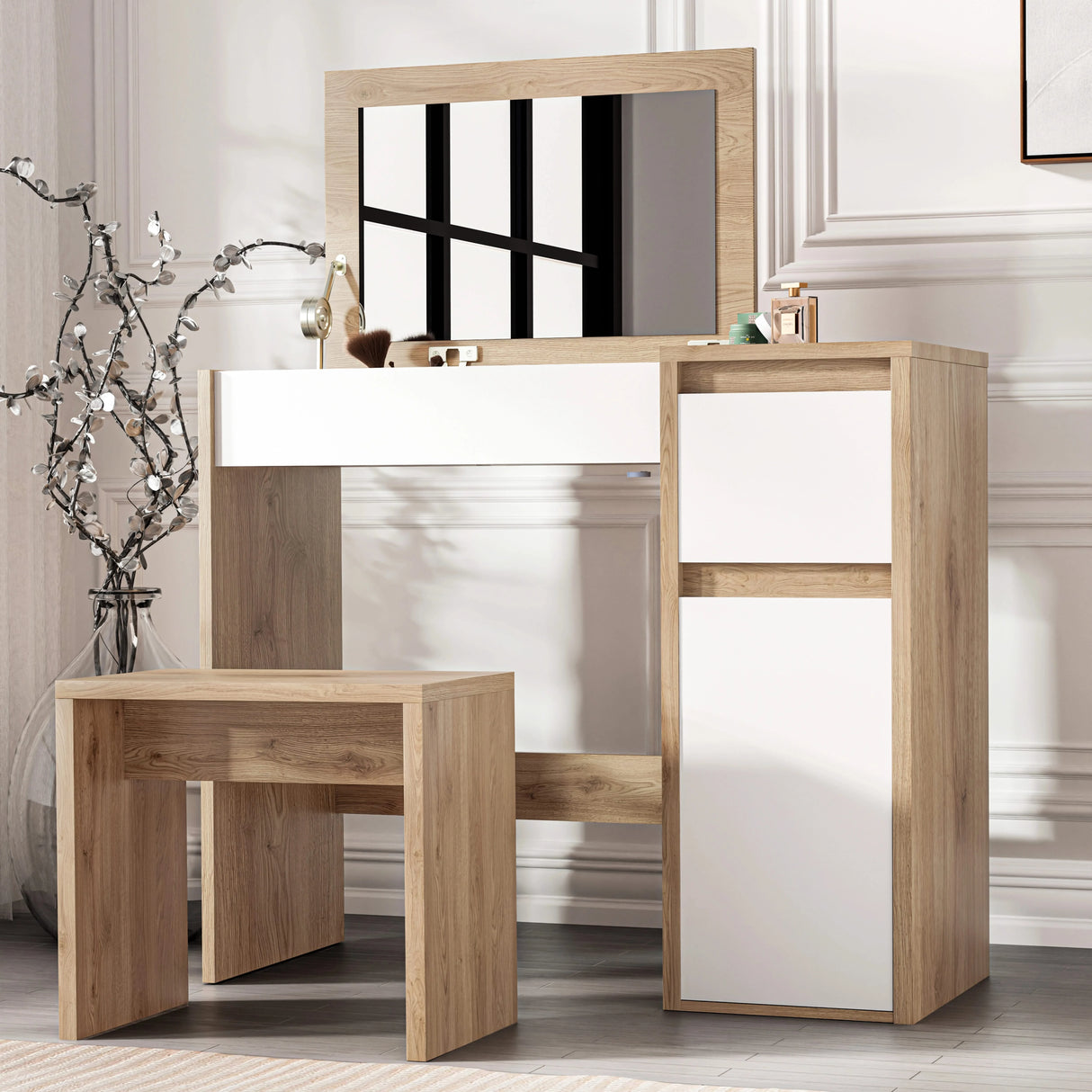 Modern makeup dressing table with stool, flip-up mirror, and sleek storage sections in oak and white finish
