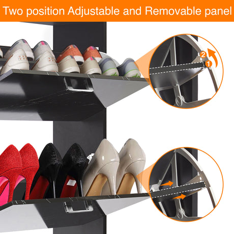 Close-up view of pull-down drawers of shoe cabinet in black marble finish, with adjustable dividers to fit footwear