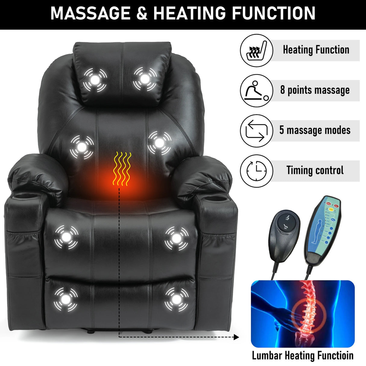 Black massage chair with heating function and remote control on a white background