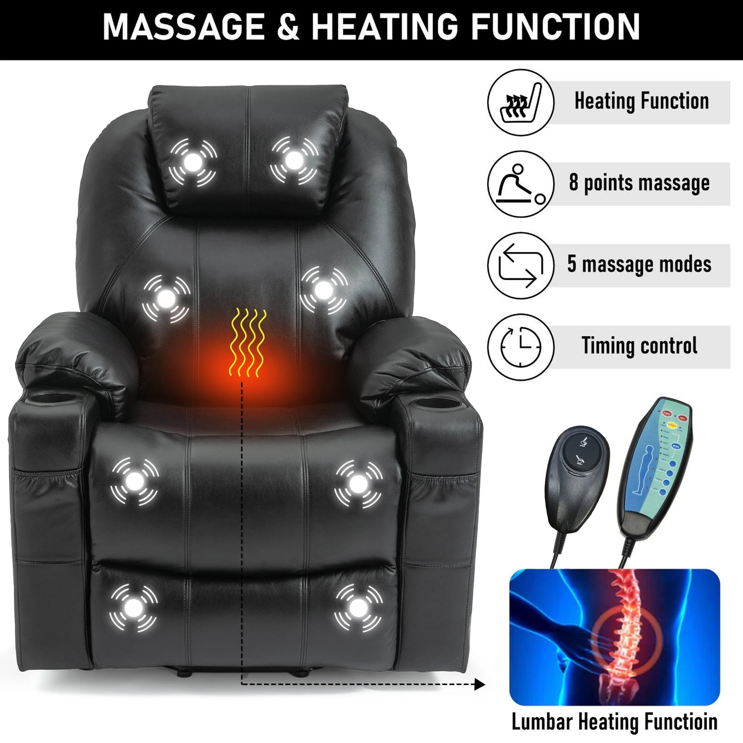 Black massage chair with heating function and remote control on a white background