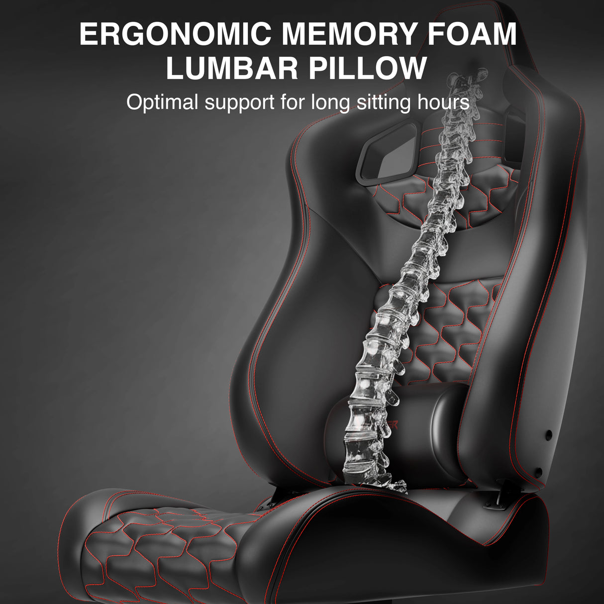 Ergonomic memory foam lumbar pillow with a spine model on a dark background