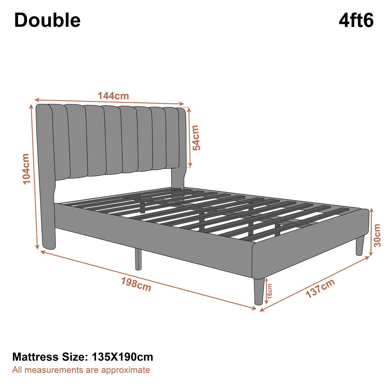 Vertical Line Velvet Upholstered Bed Frame Double size in grey with channel tufted headboard and wooden slats, 4ft6 with 135x190cm mattress size.