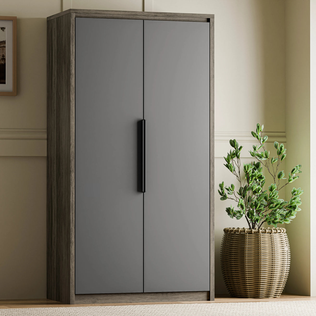 Gray wardrobe with wooden base and plant in a pot against a beige wall.