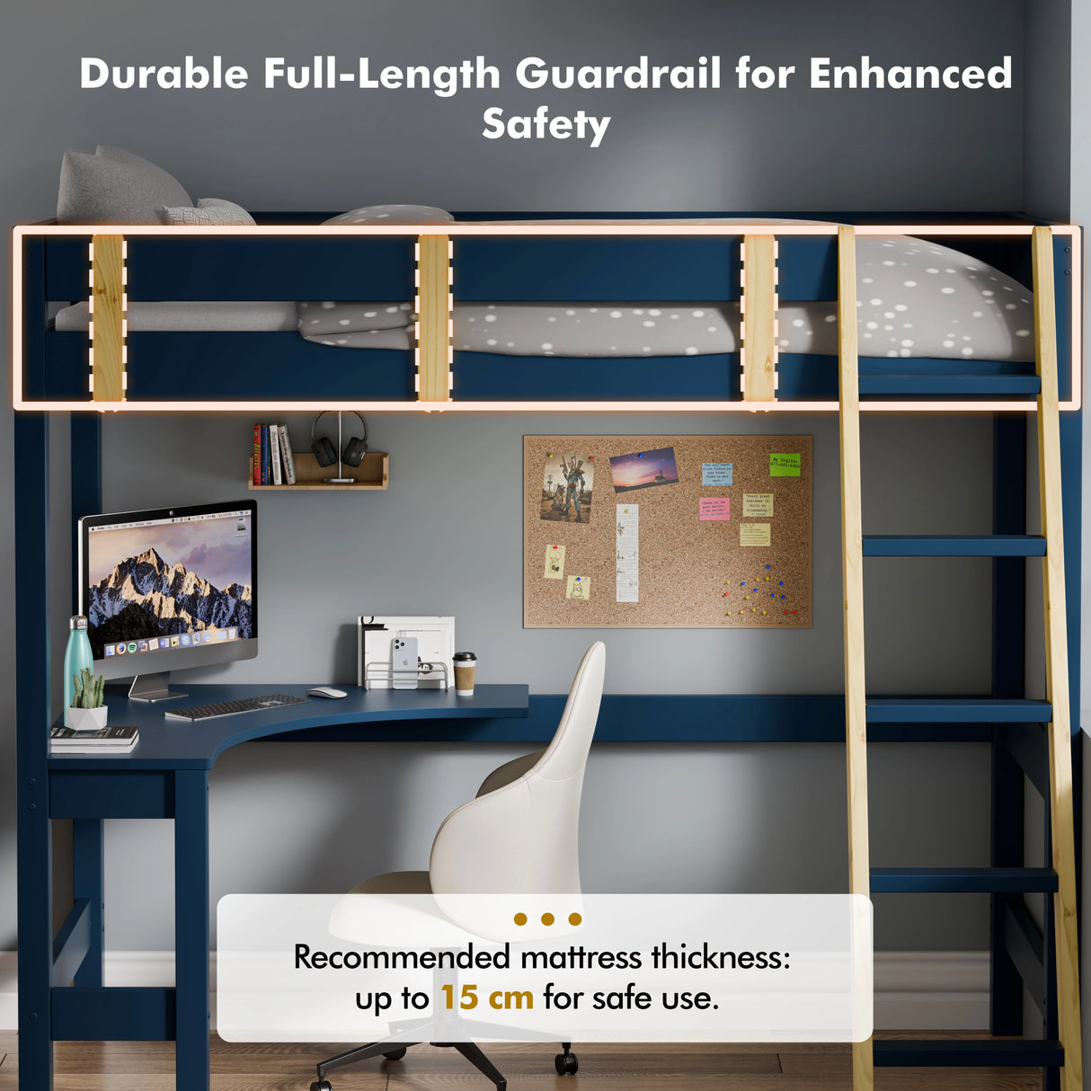 modern bunk bed with desk under showing a computer setup beneath a loft frame with guardrail.