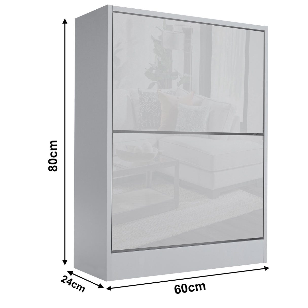 grey high gloss shoe cabinet displayed with dimensions: width 60 cm, depth 24 cm, and height 80 cm.