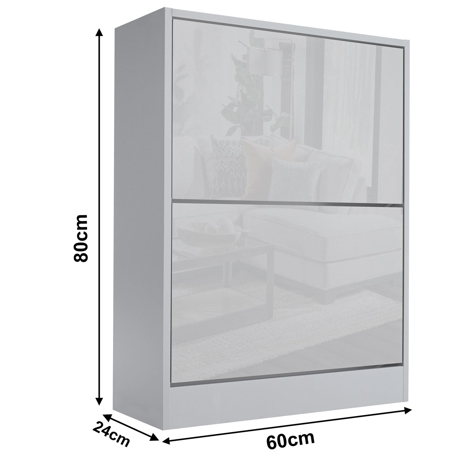 grey high gloss shoe cabinet displayed with dimensions: width 60 cm, depth 24 cm, and height 80 cm.