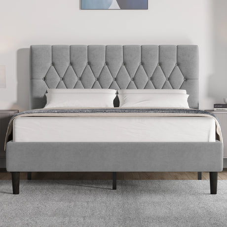Grey velvet bed frame in king size with chesterfield-style adjustable headboard, ideal for modern bedrooms. Available at DHS with free UK delivery.