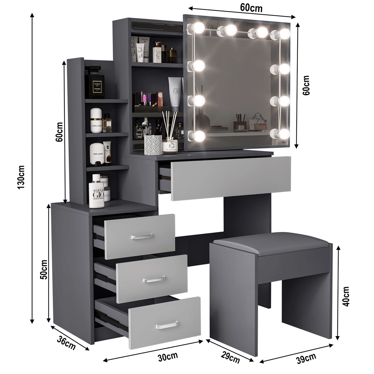 Grey vanity table with mirror and lights showing detailed dimensions as 90 cm length, 36 cm width and 130 cm height