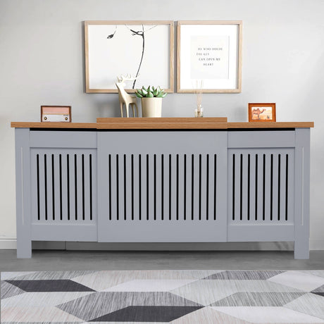 direct front view of large radiator cover in grey oak with a clean shaker style and warm wood-toned top
