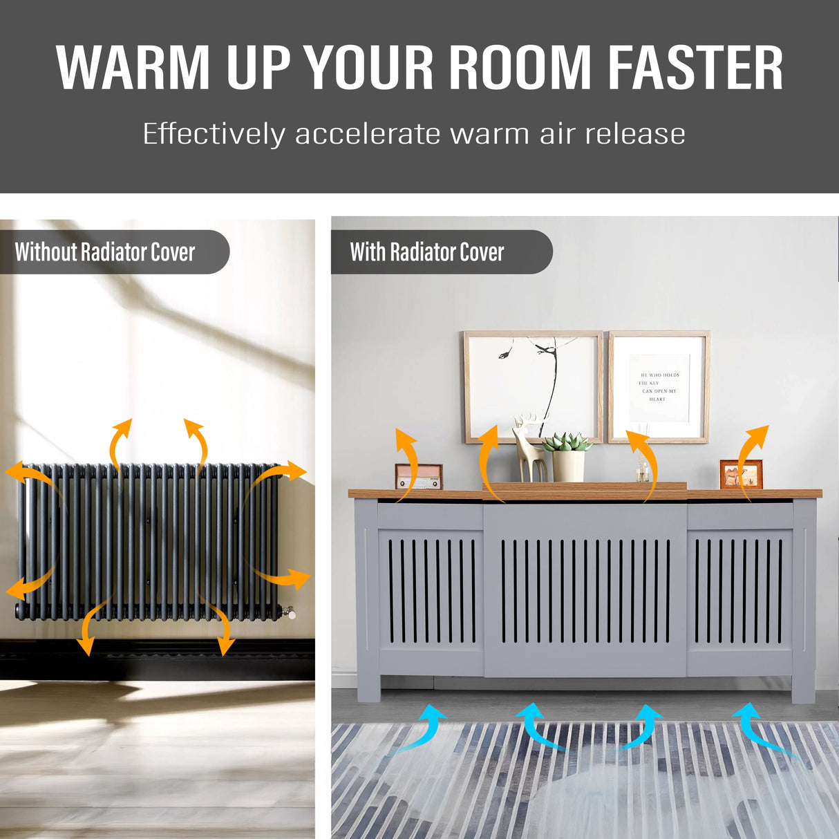 hallway setup of extendable radiator cover in grey oak showing warm airflow dispersing above the unit