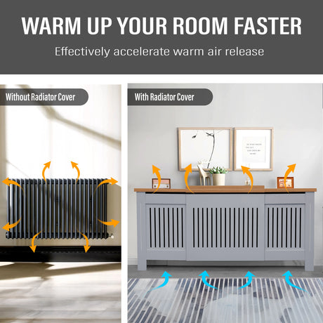 hallway setup of extendable radiator cover in grey oak showing warm airflow dispersing above the unit
