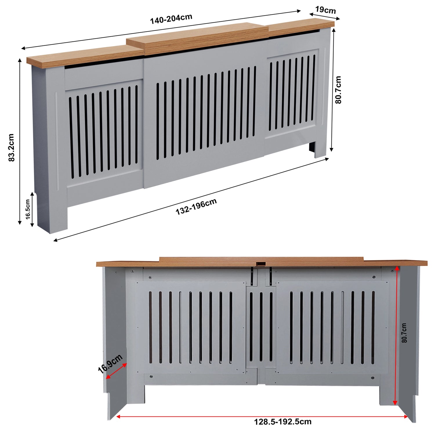 Dimensions of adjustable radiator cover (WxDxH): outer 140 to 204 x 19 x 83.2cm, inner  128.5 to 192.5 x 16.9 x 80.7cm.