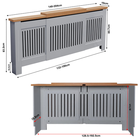 Dimensions of adjustable radiator cover (WxDxH): outer 140 to 204 x 19 x 83.2cm, inner  128.5 to 192.5 x 16.9 x 80.7cm.
