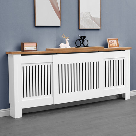 angled shot of white adjustable radiator cover with oak top placed against a neutral-toned living wall