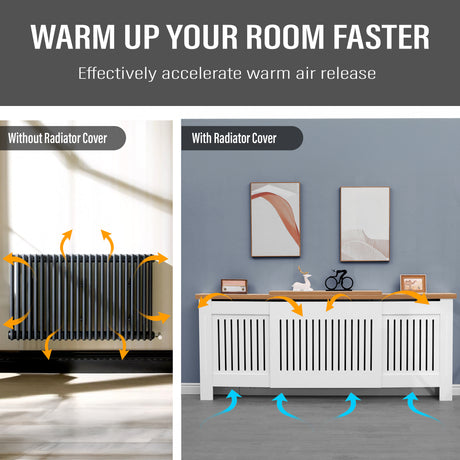 Adjustable radiator cover with oak top highlighting airflow vents and smooth edges while hiding radiator stylishly
