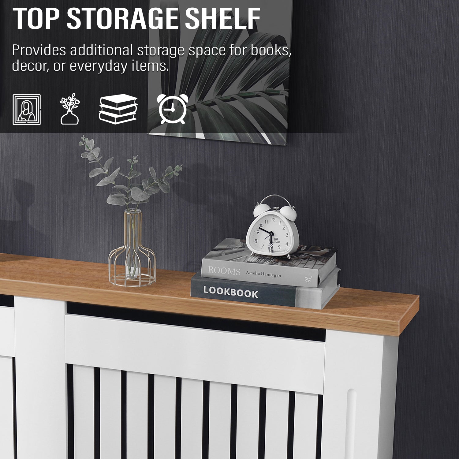 close-up of top shelf of adjustable radiator covers uk in white oak finish used for books and ornaments