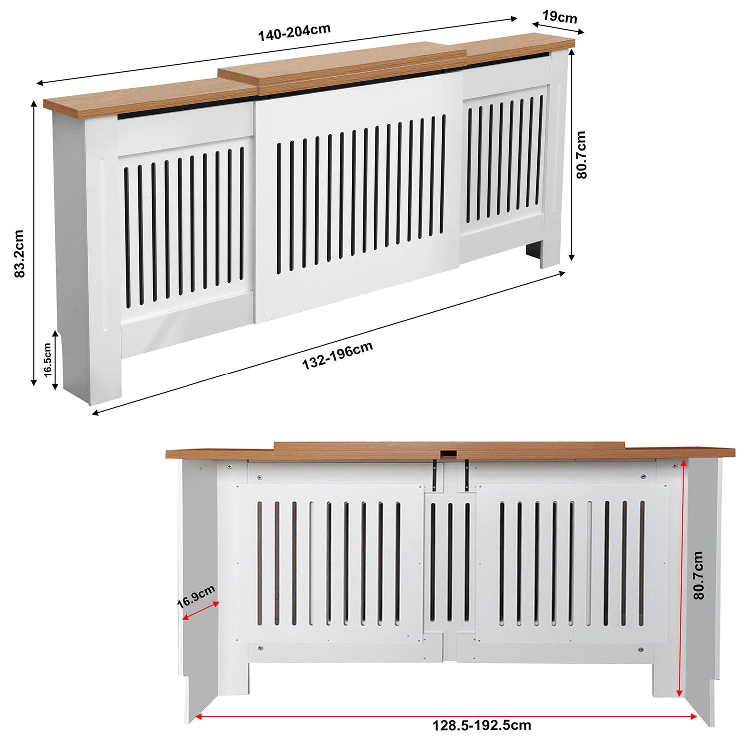 Dimensions of adjustable radiator covers (WxDxH): outer 140 to 204 x 19 x 83.2cm, inner  128.5 to 192.5 x 16.9 x 80.7cm.