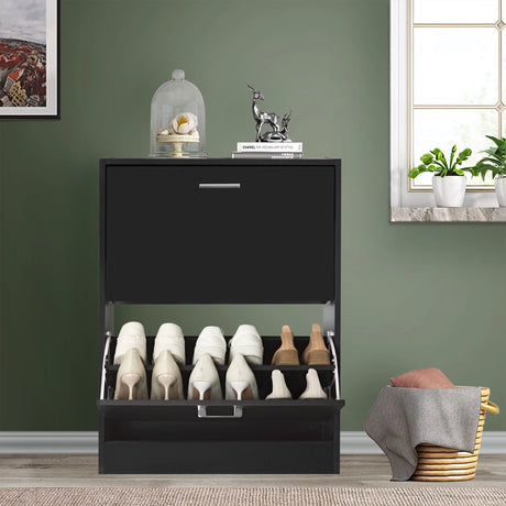 12 pair shoe storage cabinet in black, bottom drawer pulled down to reveal formal and casual footwear inside.