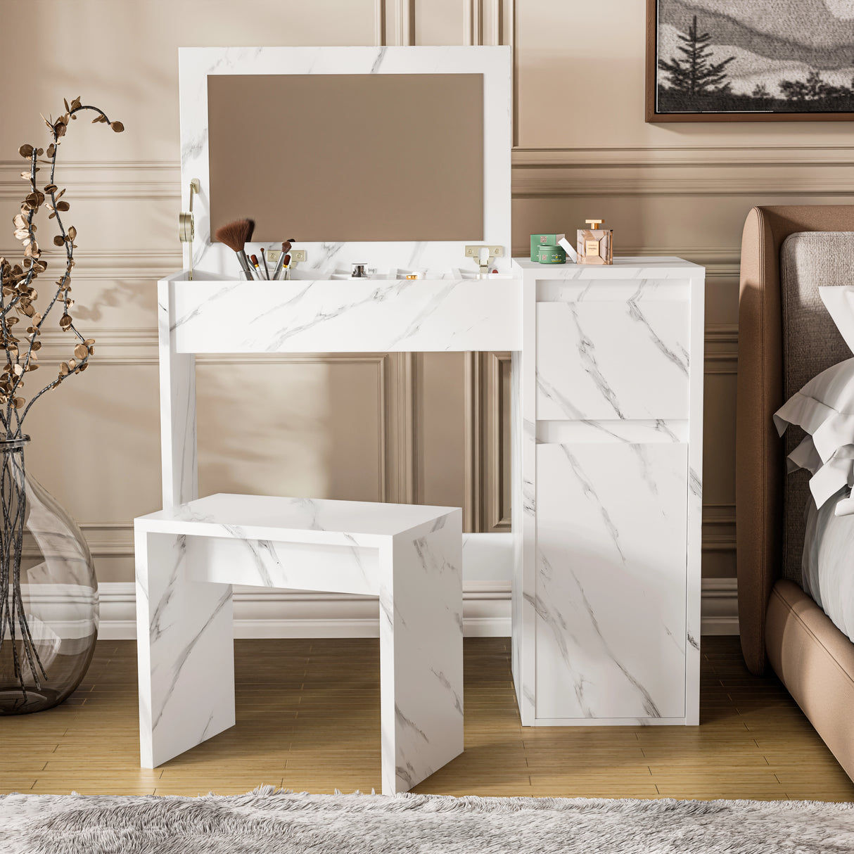 Modern white marble-effect makeup dressing table with flip-up mirror, storage compartments, and matching stool for bedroom vanities.