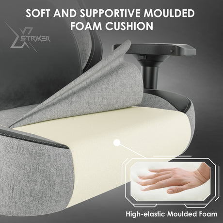 Xstriker Ergonomic Fabric Gaming Chair with 4D armrest features a soft, high-elastic moulded foam cushion for adult comfort. Ideal for long gaming sessions.