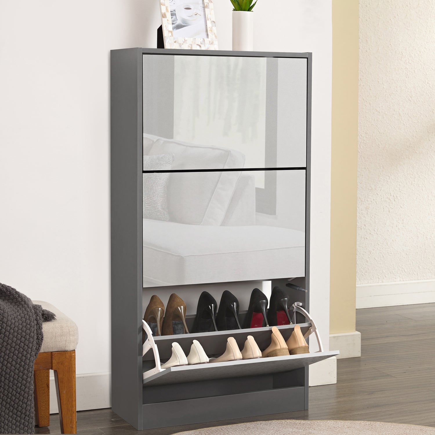 Reflective finish on this slim shoe cabinet for hallway, designed as a "3 tier shoe cabinet" with modern gloss.