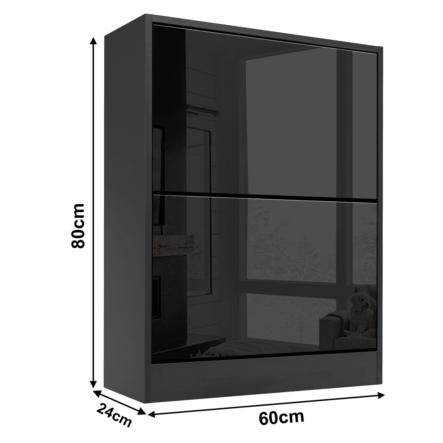 measurements of the slim black high gloss shoe cabinet: width 60 cm, depth 24 cm, and height 80 cm.