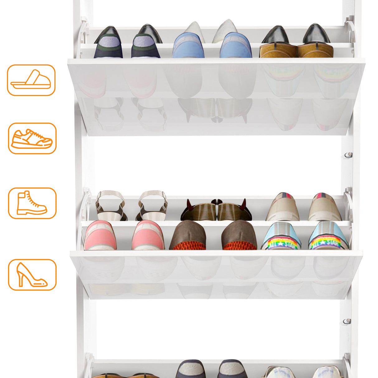 Narrow shoe cabinet shown with three doors open, storing footwear like Crocs, slippers, boots, and wellies.