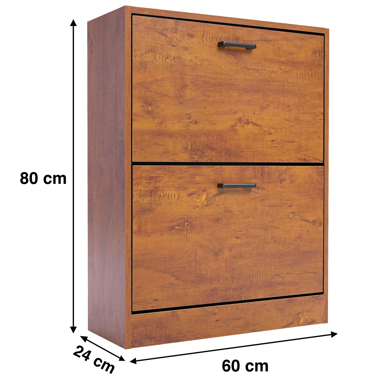 Dimensions of the side view of the oak slimline shoe cabinet: width 60 cm, depth 24 cm, and height 80 cm.