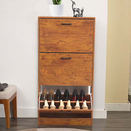 Hallway shoe storage unit viewed from the front with the bottom section open, showing 6 shoes inside.