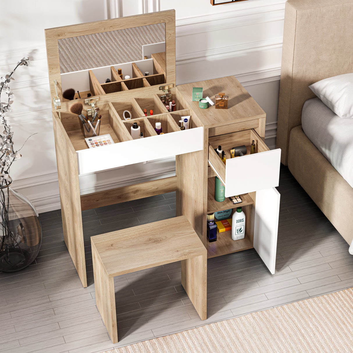 High angle of oak- and white-finish makeup dressing table with stool and flip-up mirror showing open storage compartments
