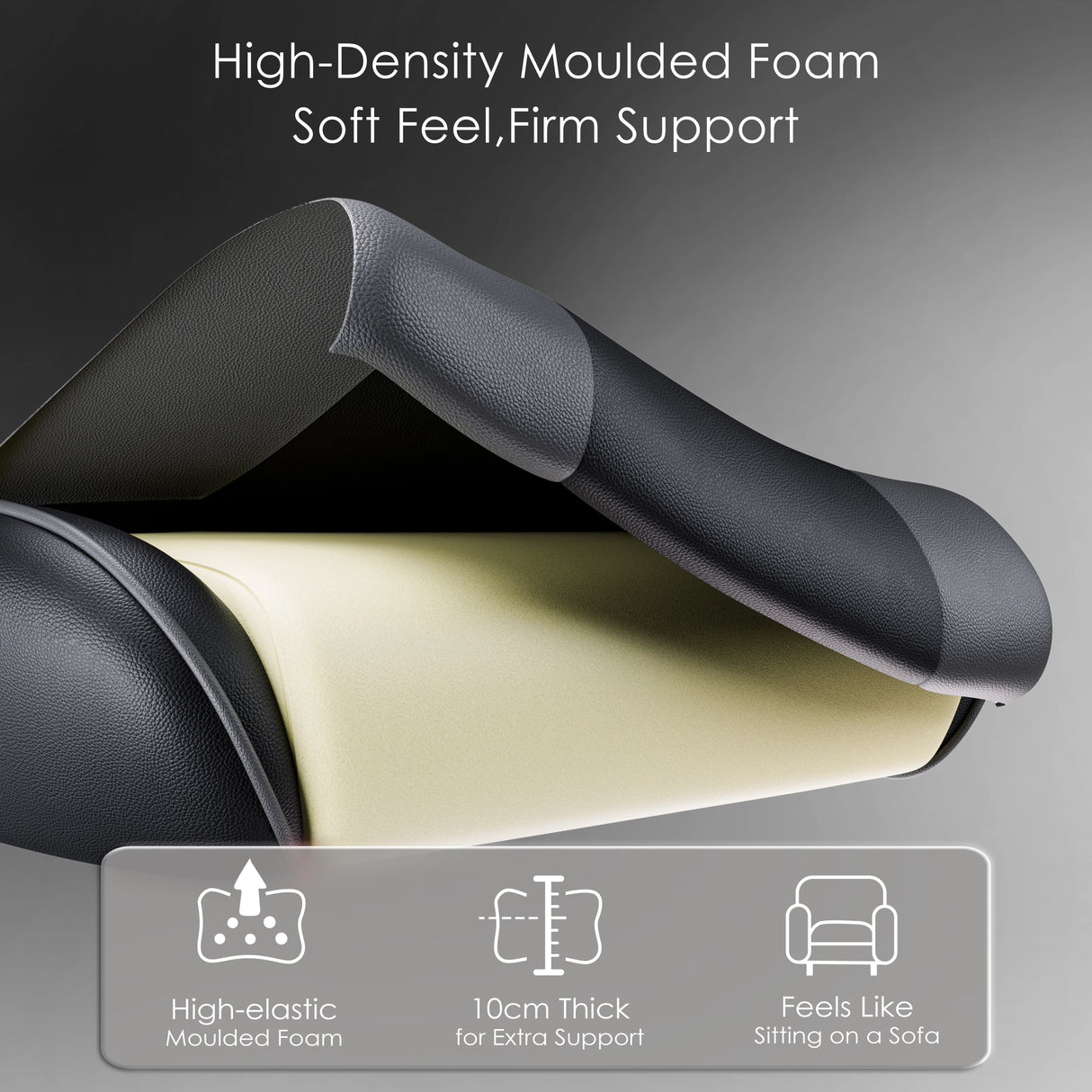Cross-section of Xstriker Gaming Chair seat showing high-density moulded foam with 10cm thickness for ergonomic support and sofa-like comfort.