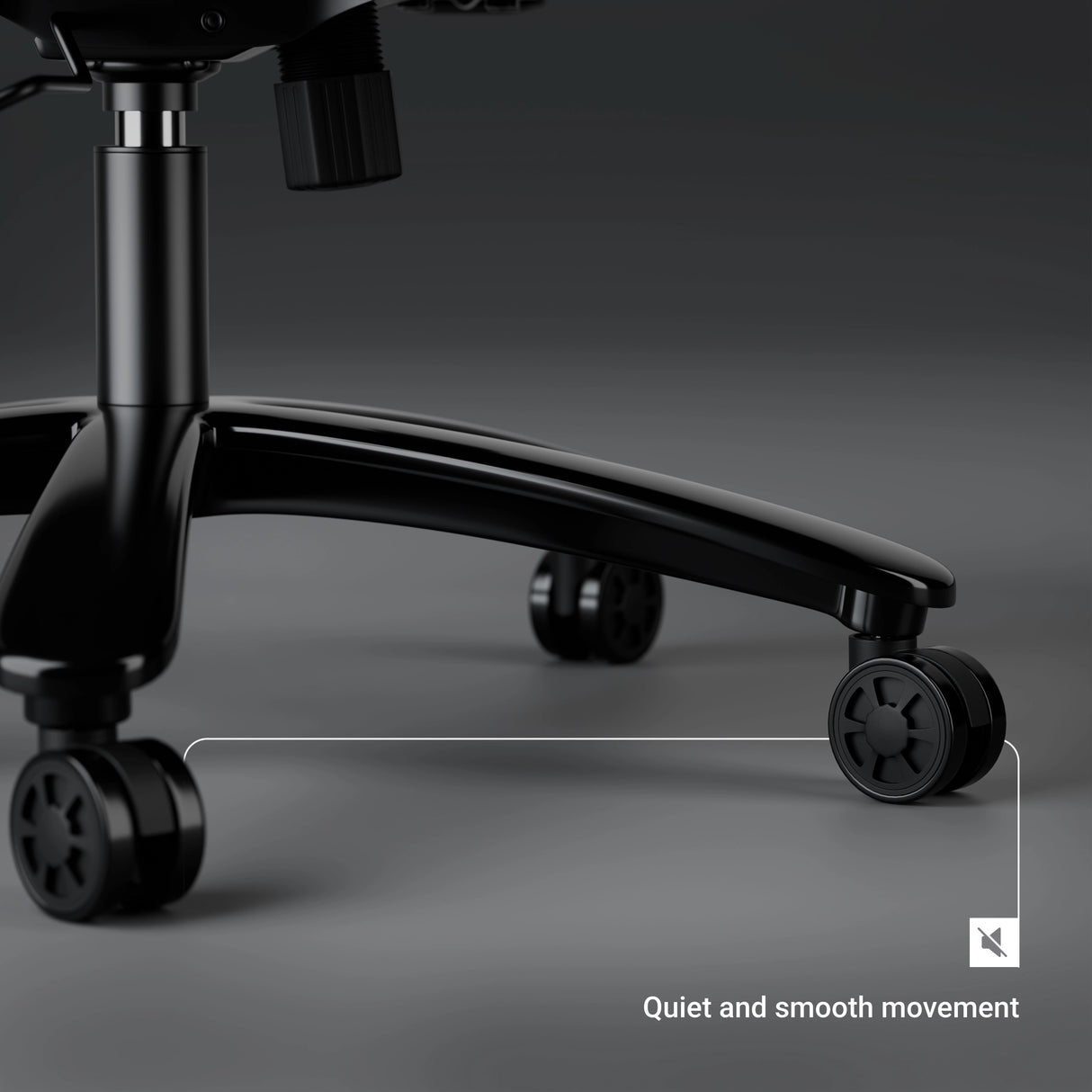 Close-up of a black office chair with wheels on a gray background