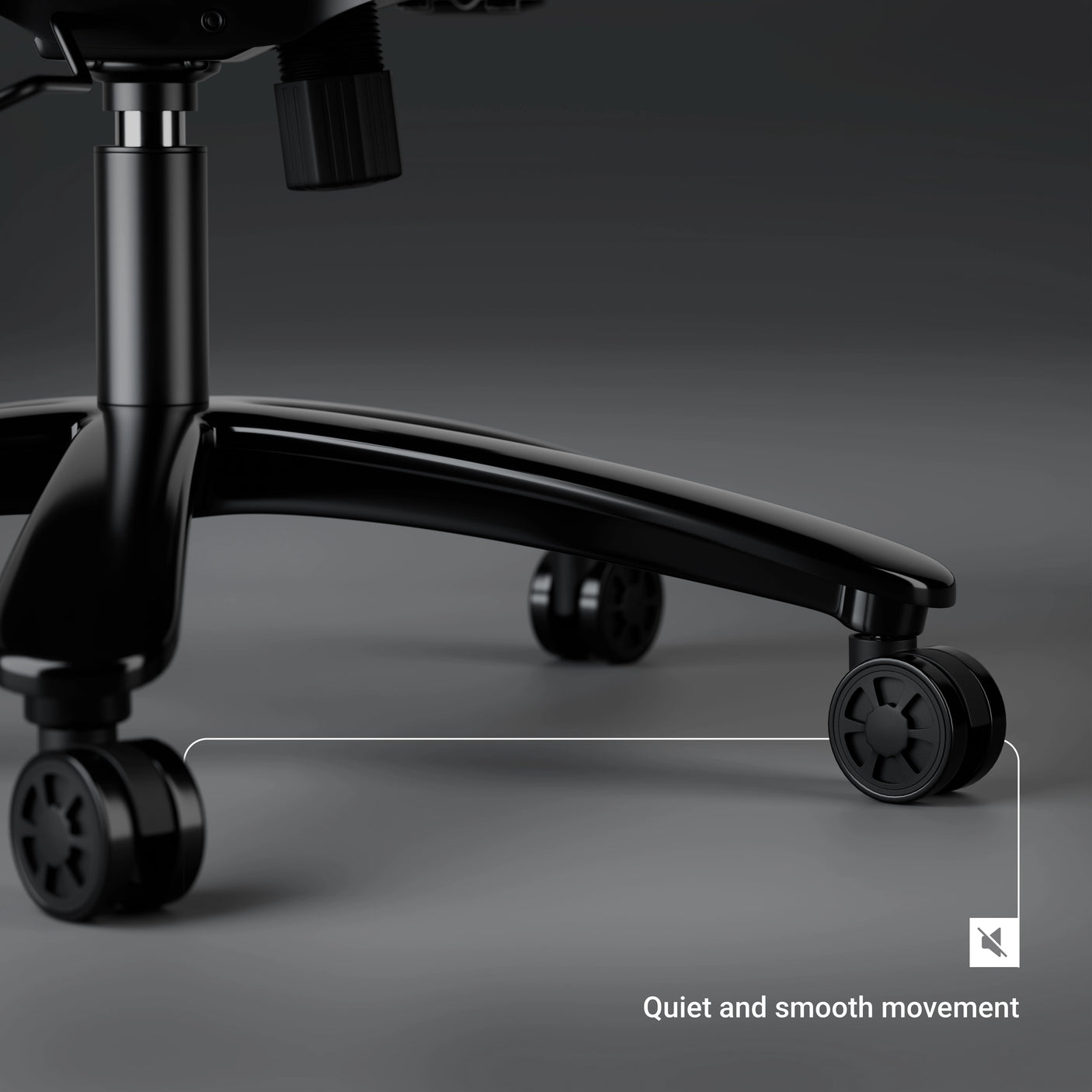 Close-up of a black office chair with wheels on a gray background