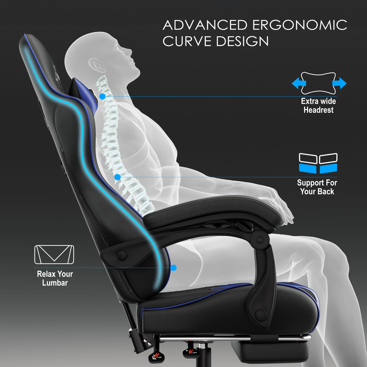 Xstriker Gaming Chair With Footrest featuring advanced ergonomic curve design, extra wide headrest, lumbar support, and back support for PC or office use.