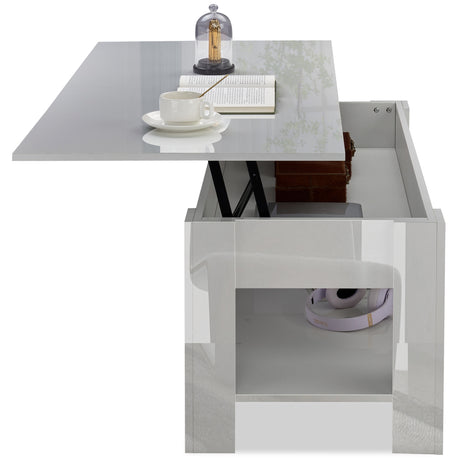 High Gloss Lift Top Coffee Table With Hidden Storage Shelf in sleek grey finish, featuring a raised tabletop and concealed compartment for modern living rooms.