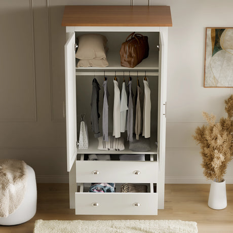 2 door wardrobe with drawers in white featuring hanging rail, top shelf, and two spacious bottom drawers, part of a modern bedroom furniture set.