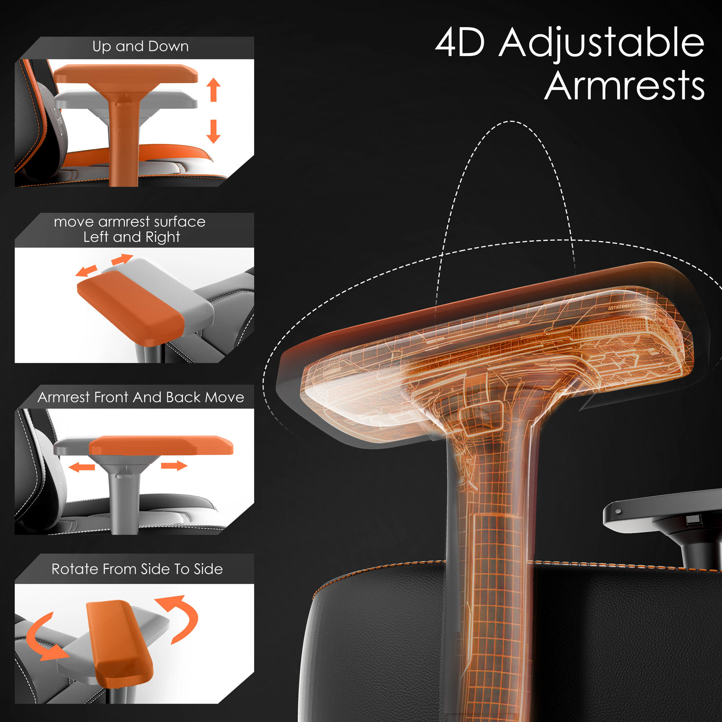 Xstriker Gaming Chair with 4D adjustable armrests showing up/down, side-to-side, front/back, and rotation functions for ergonomic comfort.