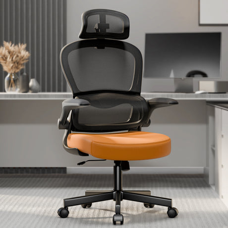Orange and black comfortable office chair featuring breathable mesh and padded armrests for all-day use.