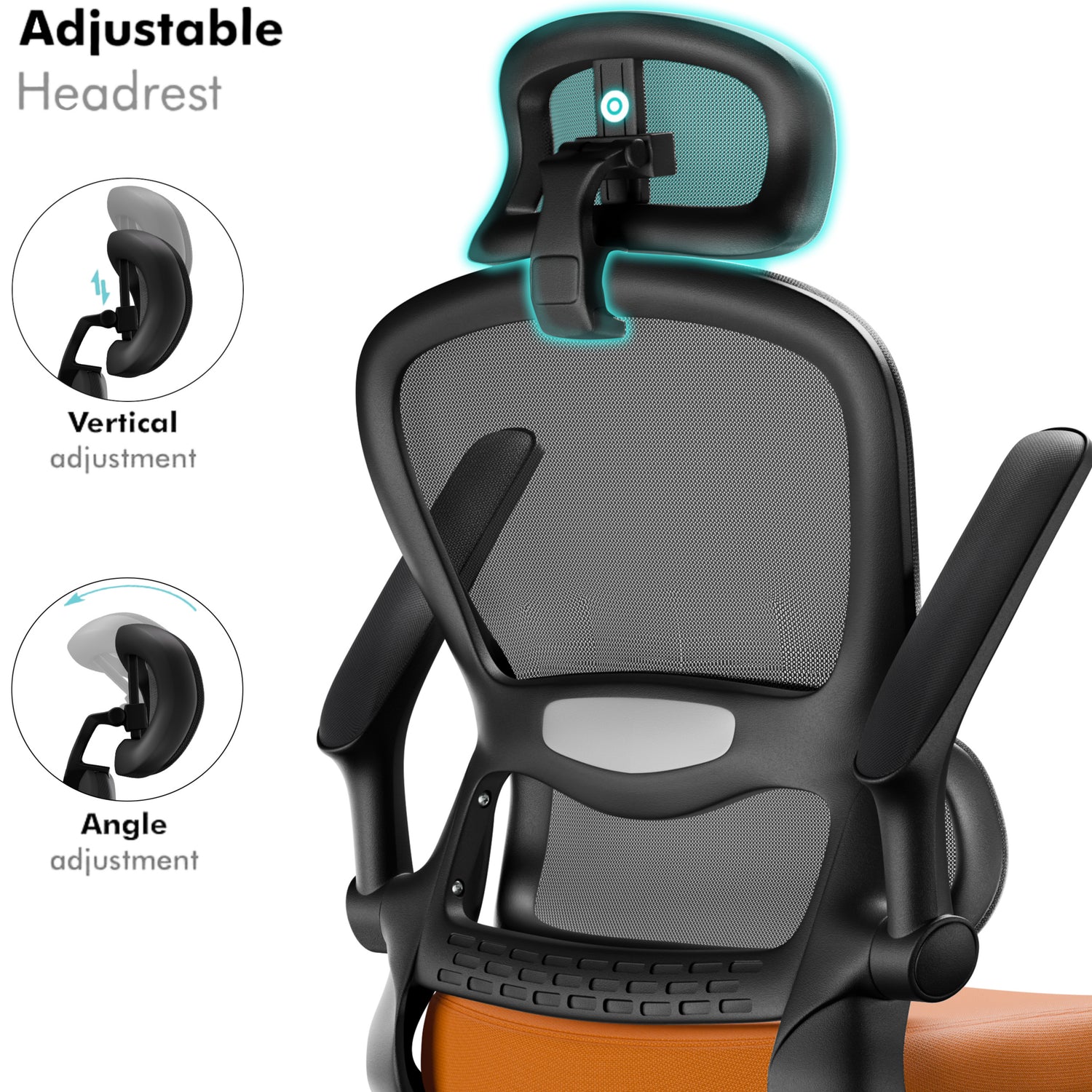 Orange and black high back office chair with adjustable headrest and sturdy five-wheel base.