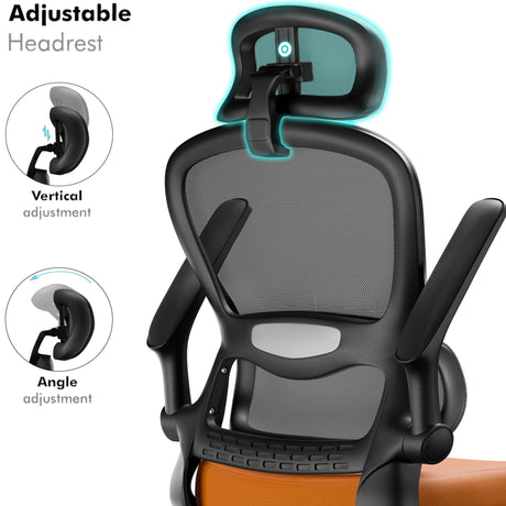 Orange and black high back office chair with adjustable headrest and sturdy five-wheel base.